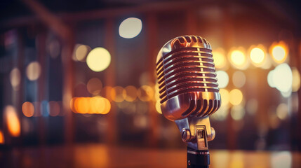 Retro microphone on stage with bokeh light. Generative AI