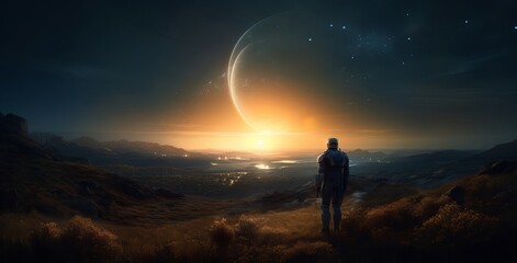Obraz premium Hyperion-inspired Desktop Wallpaper with Cinematic Lighting and Unreal Engine 5 Technology: Elegant, and Hypermaximalist with Super-Resolution, silhouette of a person on a mountain, Generative AI