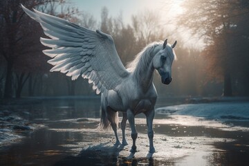 Obraz na płótnie Canvas A magical world with a fantastic Pegasus. Generative AI