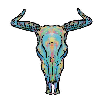 Goat skull, with horns, colored. Element for design