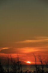 Sunset is bounded by a mirage of sky and sea, there are silhouettes in the foreground of tree branches and boats