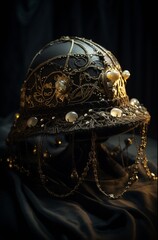 luxury hat in Gothic style, black and green, decorated with lace and stones, generated in AI
