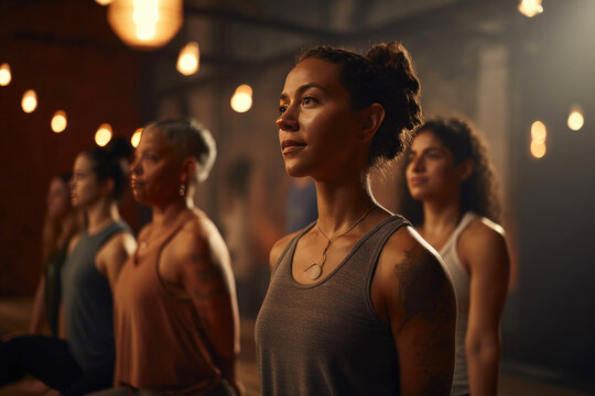 Yoga Class Doing The Half-moon Pose And Breathwork. Generative AI