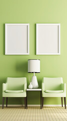 generative ai illustration of two blank image frames hanging on a wall in a modern light green room with armchairs
