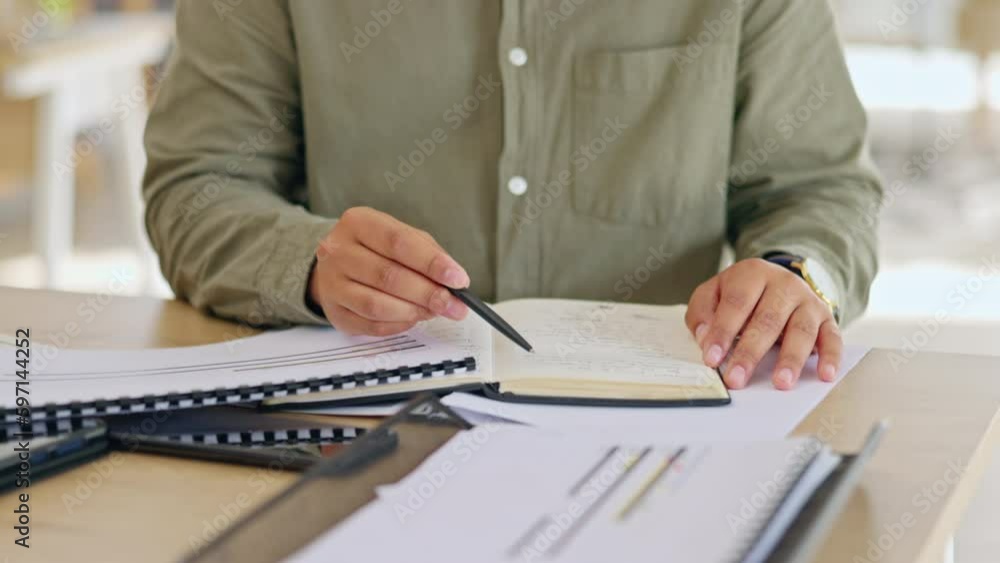 Poster Writing, notebook and documents with hands of man in office for strategy, idea and administration report. Schedule, project and agenda with employee at desk for planning, review and information