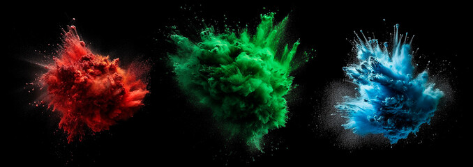 red green and blue dust explodes against black background, gerenative AI