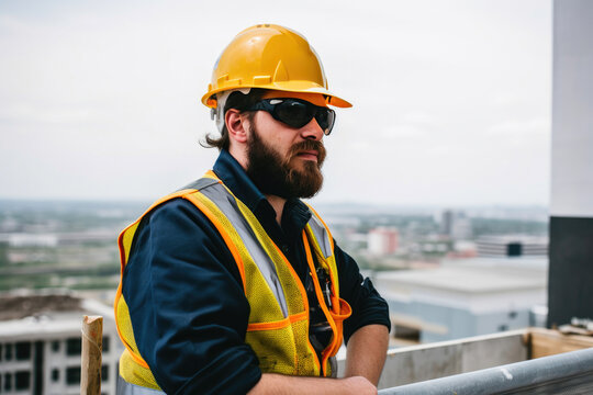 Caucasian bearded construction worker with safety helmet on head in vest. Generative AI
