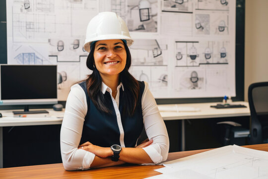Woman who is smiling, wearing hard hat and a suit and sitting at a desk with a computer monitor in a modern office. Generative AI
