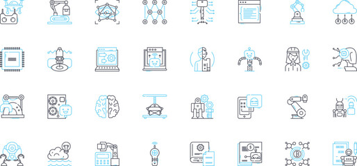 Artificial Intelligence linear icons set. Automation, Machine learning, Robotics, Neural nerks, Natural language processing, Expert systems, Deep learning line vector and concept signs. Big data