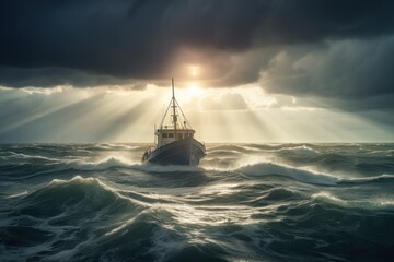 Breathtaking photography of a fishing boat on a stormy sea with dramatic lighting and an ethereal effect. Created with generative A.I. technology.