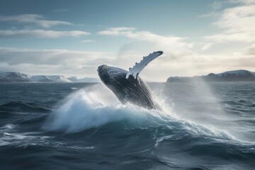 Epic moment of a blue whale breaching the ocean's surface, showcasing its full body and tail in a dramatic display of power. Created with generative A.I. technology.