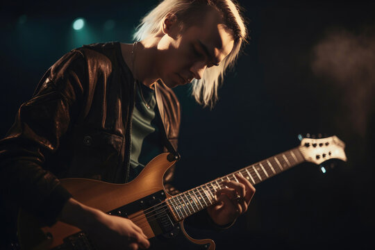 Guitarist playing electric guitar on a rock concert. Generative AI