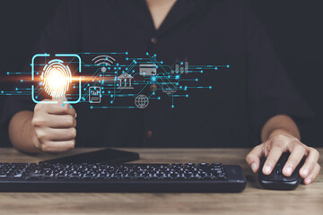 digital businesswoman using technology cyber security fingerprint scan login password authentication verification on network online protection with computer and cloud computing electronic documents