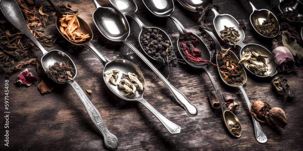 Aufkleber an assortment of dry tea in vintage spoons was given a clear and perfect finish with generative ai. 