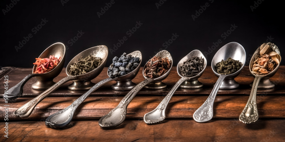 Aufkleber an assortment of dry tea was arranged in vintage spoons, creating a clear performance - generative a