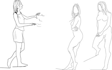 Three girls stand in different poses. The characters are made in a simple outline, like a sketch.