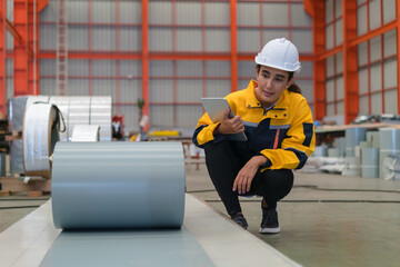Professional heavy industry engineer worker wearing safety uniform in a metal manufacture warehouse , maintenance service check for safety first concept .