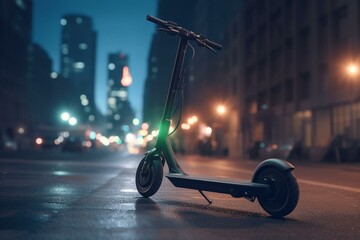 Electric scooter with charger on city backdrop. Eco-friendly transportation concept. 3D model. Generative AI