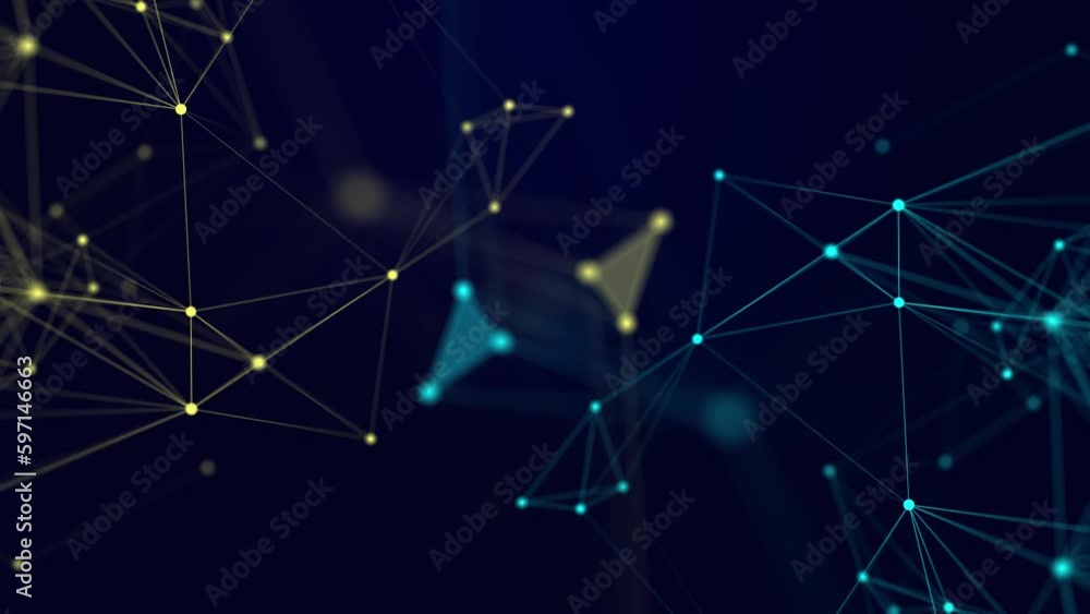 Poster Connecting colored lines and dots in space. Abstract digital background. Data network connections.3d rendering. Seamless loop.