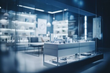 Blurred store backdrop, contemporary blue office interior. Generative AI