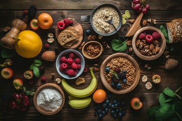 Obraz na płótnie Canvas A view from above of a nutritious breakfast spread on dark wood. Includes omelette, toasts, granola bars, smoothie bowl, yogurts, and fruits. Generative AI