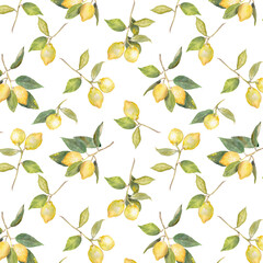 Lemon pattern, fruit pattern,  fabric pattern , wrapping paper, wallpaper, textile  design  , citron ,  watercolor illustration, green and yellow	