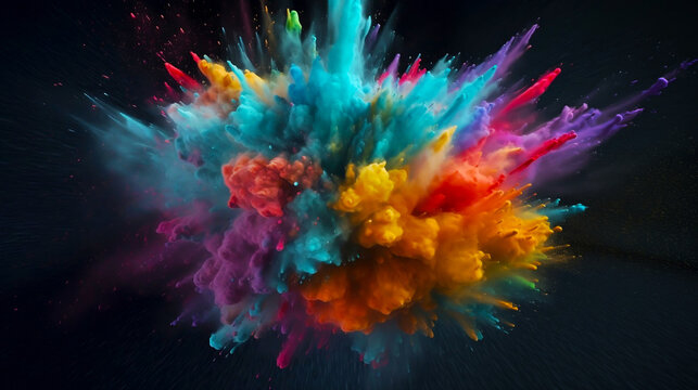 Color powder explosion or clour paint splash with dye smoke blend background. Creative color ink or paint drips splash, color powder explode. Abstract artistic background generative ai.