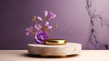 Fototapeta na wymiar Marble Purple Gold Table Top, Round Podium Pedestal, Abstract Cosmetic Beauty Background Showcase Product Mock up Display, Back Drop, Empty Luxury Presentation Scene with Spring Flowers. Generative AI