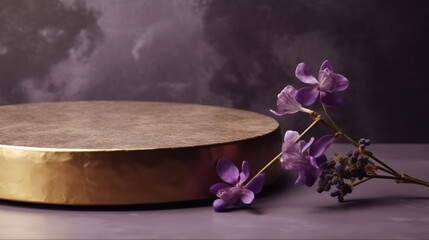 Marble Purple Gold Table Top, Round Podium Pedestal, Abstract Cosmetic Beauty Background Showcase Product Mock up Display, Back Drop, Empty Luxury Presentation Scene with Spring Flowers. Generative AI