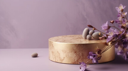 Obraz na płótnie Canvas Marble Purple Gold Table Top, Round Podium Pedestal, Abstract Cosmetic Beauty Background Showcase Product Mock up Display, Back Drop, Empty Luxury Presentation Scene with Spring Flowers. Generative AI