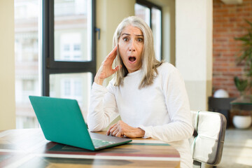 senior pretty woman looking happy, astonished and surprised with a laptop