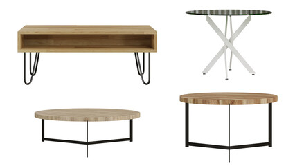 Set of table furniture on transparent background, interior design, 3d render illustration.