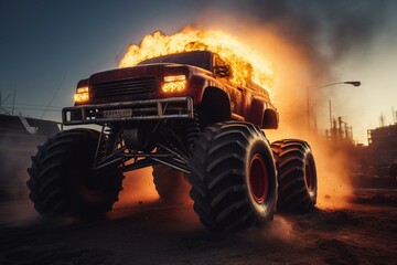 Fire-jumping monster truck. Generative AI - obrazy, fototapety, plakaty
