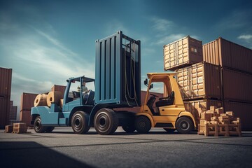 Fototapeta na wymiar Cargo unloading with forklift and truck on blue background. Generative AI
