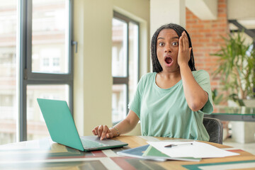 black afro woman feeling extremely shocked and surprised. studying concept