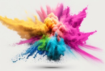 Holi color powder explosion with rainbow on isolated white background, burst of vibrant colors. Generative AI