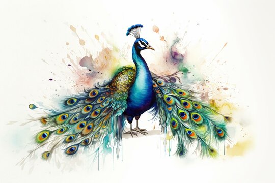 Watercolor peacock with lush tail on white background. Handmade illustration. Generative AI