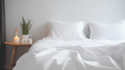 White bedding sheets and pillow background, Messy bed concept created with generative ai technology - obrazy, fototapety, plakaty