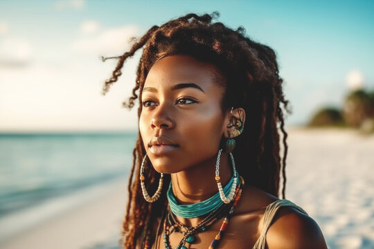 Close up portrait of beautiful black woman standing on the beach, wearing stylish boho accessories, Generative ai