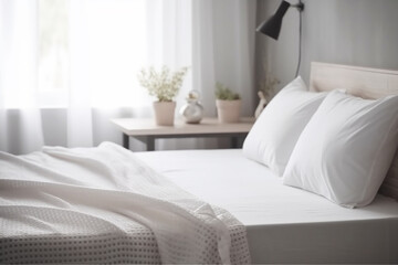 Obraz premium White bedding sheets and pillow background, Messy bed concept created with generative ai technology