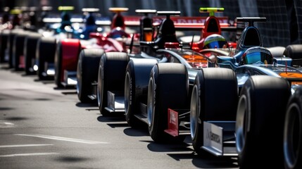 Formula 1 racing cars at start line, generative ai