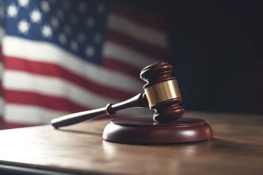 A judges gavel hammer with an American flag. USA law and order. Generative ai