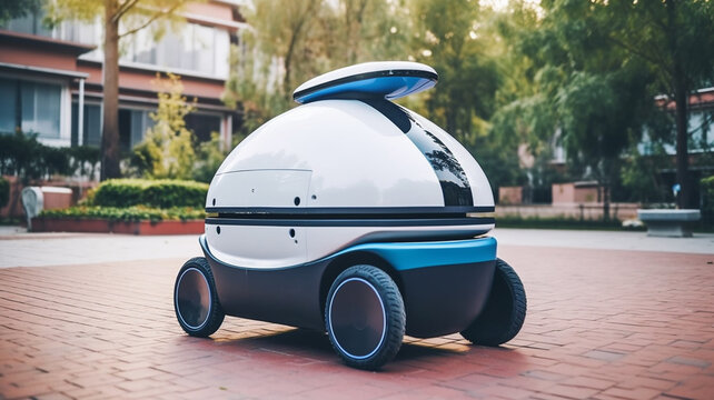 A delivery robot is driving on the sidewalk. Autonomous logistic concept created with generative ai tools