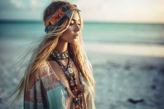 Portrait of beautiful woman standing on the beach, wearing stylish boho dress and jewlery, Generative ai