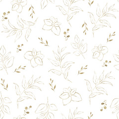 Floral seamless pattern with gold leaves and branches.