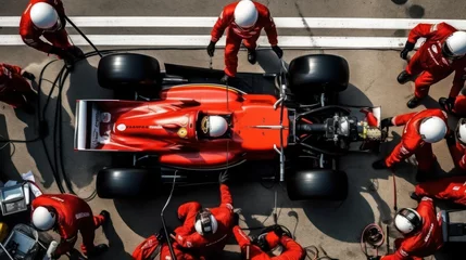 Poster Formula 1, racing car at pit stop, maintenance technical team, generative ai © AI BLONDY