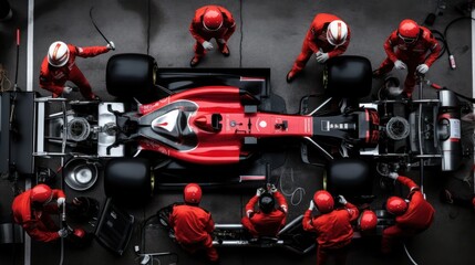 Fototapeta premium Formula 1, racing car at pit stop, maintenance technical team, generative ai