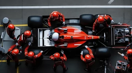 Deurstickers Formula 1, racing car at pit stop, maintenance technical team, generative ai © AI BLONDY