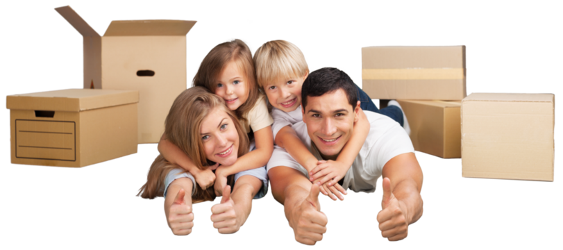 Young happy family showing thumbs up sign while lying with boxes