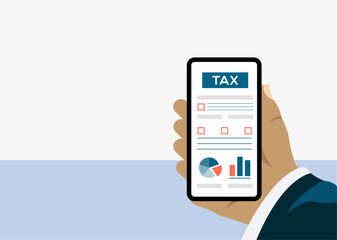 Businessman pay the TAX  with the phone.
 Government, state taxes. Tax return online. Vector illustration in flat color.